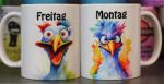 Weiße Tasse mit Spruch Vögel Montag (lachend) Freitag (Traurig)